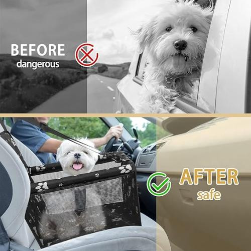 PetsHome Dog Car Seat Foldable Dog Car Booster Seat Waterproof Breathable Oxford Travel Bag for Small to Medium Dogs, Puppies, and Pets-Pattern Black In Stock