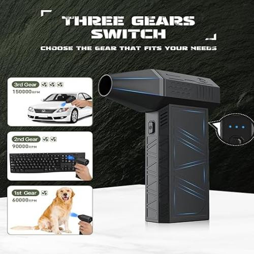 EUKI Compressed Air Duster-150000RPM Electric Air Duster, Cordless Rechargeable High-Speed Air Blower, 3-Gear Adjustable Jet Dry Blower for Keyboard, PC, Car, Air Bed and Home Cleaning, Black (X3) In 