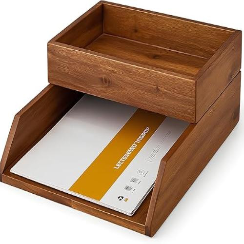 Demigo Desk Organizer Letter Tray Set of 2, Acacia Wood Tabletop Desktop for Storage Paper Letter Folders Notebooks Copy Print, Workspace Holder, Keep Stationery Saver (Brown) In Stock