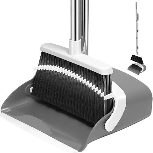 Broom and Dustpan Set, 52-in Long Adjustable Handle Broom Dustpan Combo with Dustpan Teeth to Automatically Clean Hair Suitable for Home Kitchen Office Hall Floor(Grey&White)