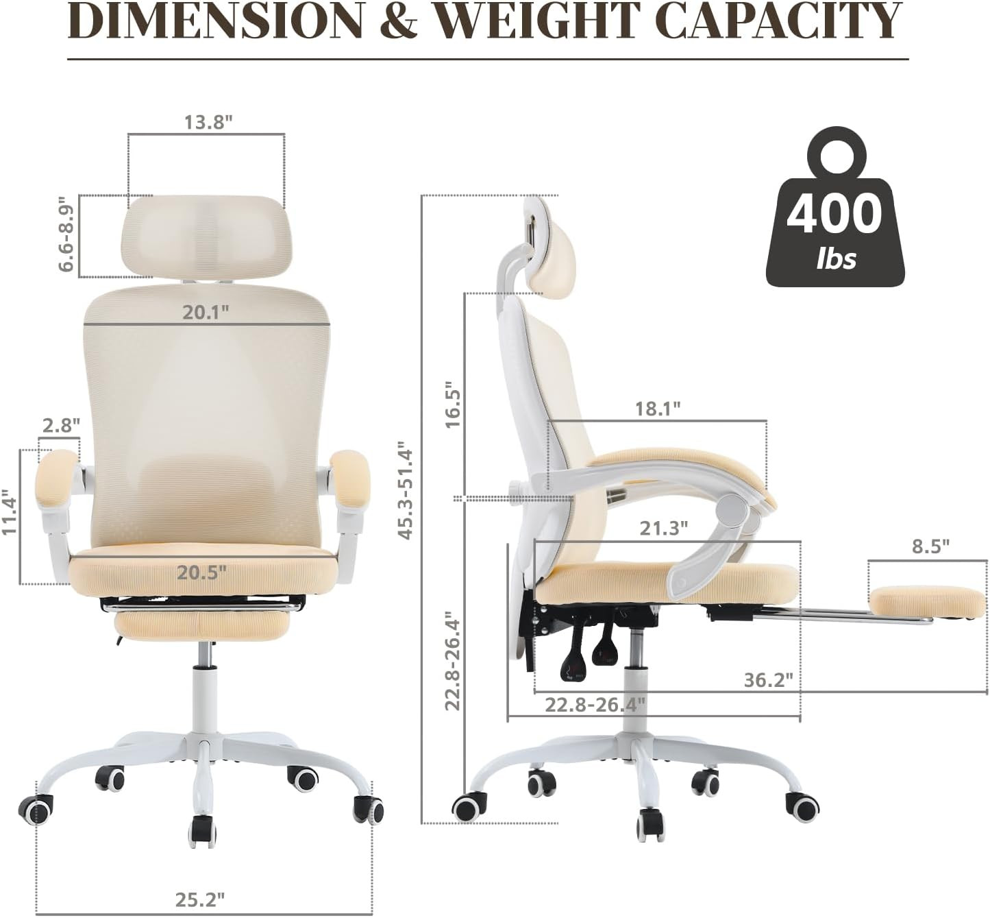 Ergonomic Office Chair with Retractable Footrest, 400LBS Capacity,Synchronized Armrest, Breathable Mesh, Adjustable Lumbar Support