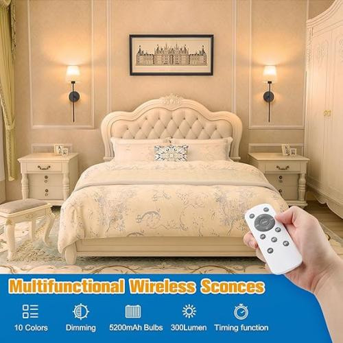 NIORSUN Battery Operated Wall Sconce Set of 2,Black Rechargeable Wall Lights with 5200mAh Dimmable Detachable Bulbs and Remote, 10 Colors Wireless Wall Lamps for Bedroom Living Room Hallway Decor In S